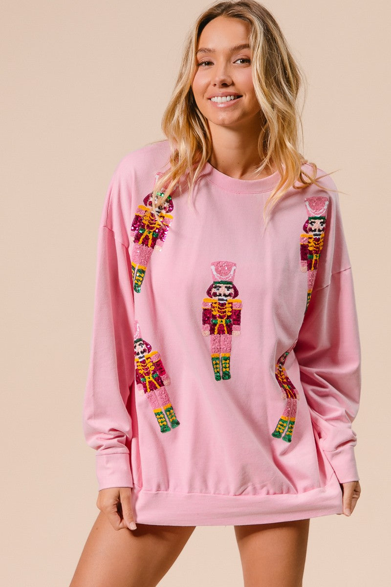 Sequin Nutcrackers Embroidery Holiday Christmas Pullover
