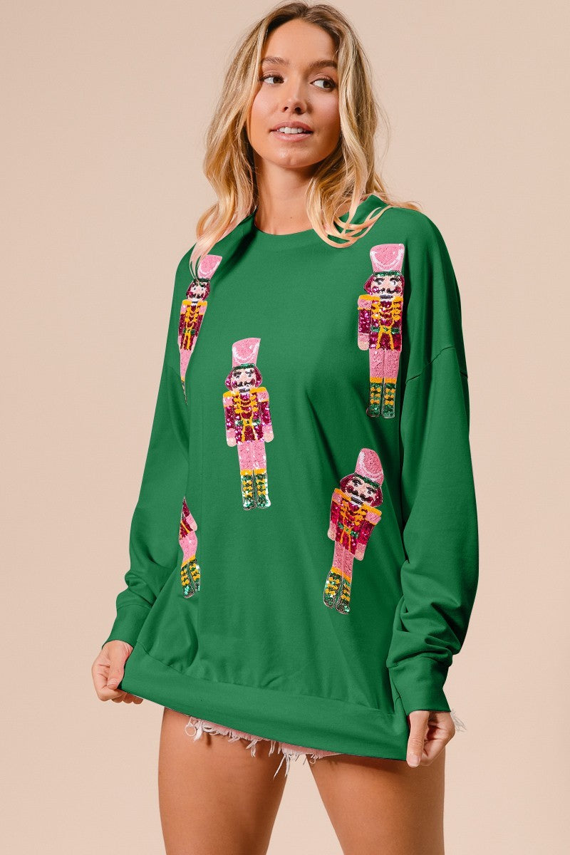 Sequin Nutcrackers Embroidery Holiday Christmas Pullover