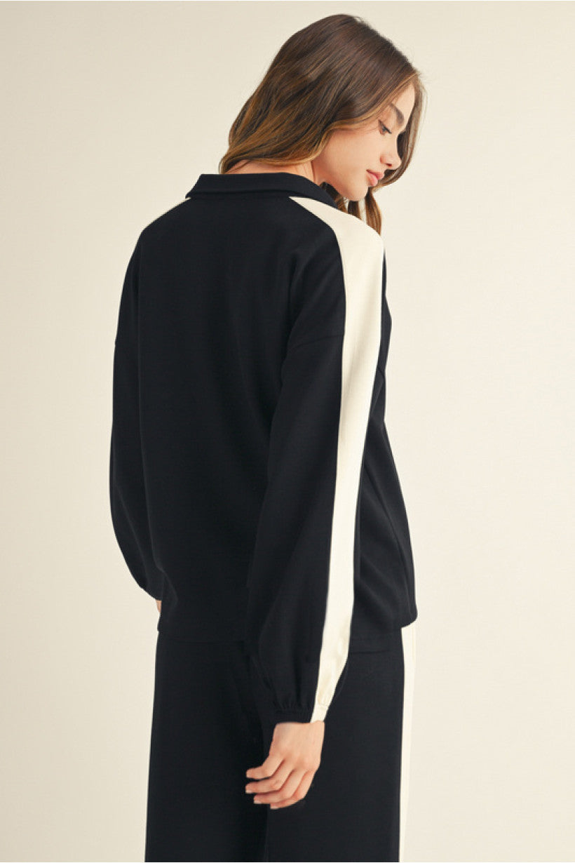 Black and White Contrast Collared Sporty Chic Top
