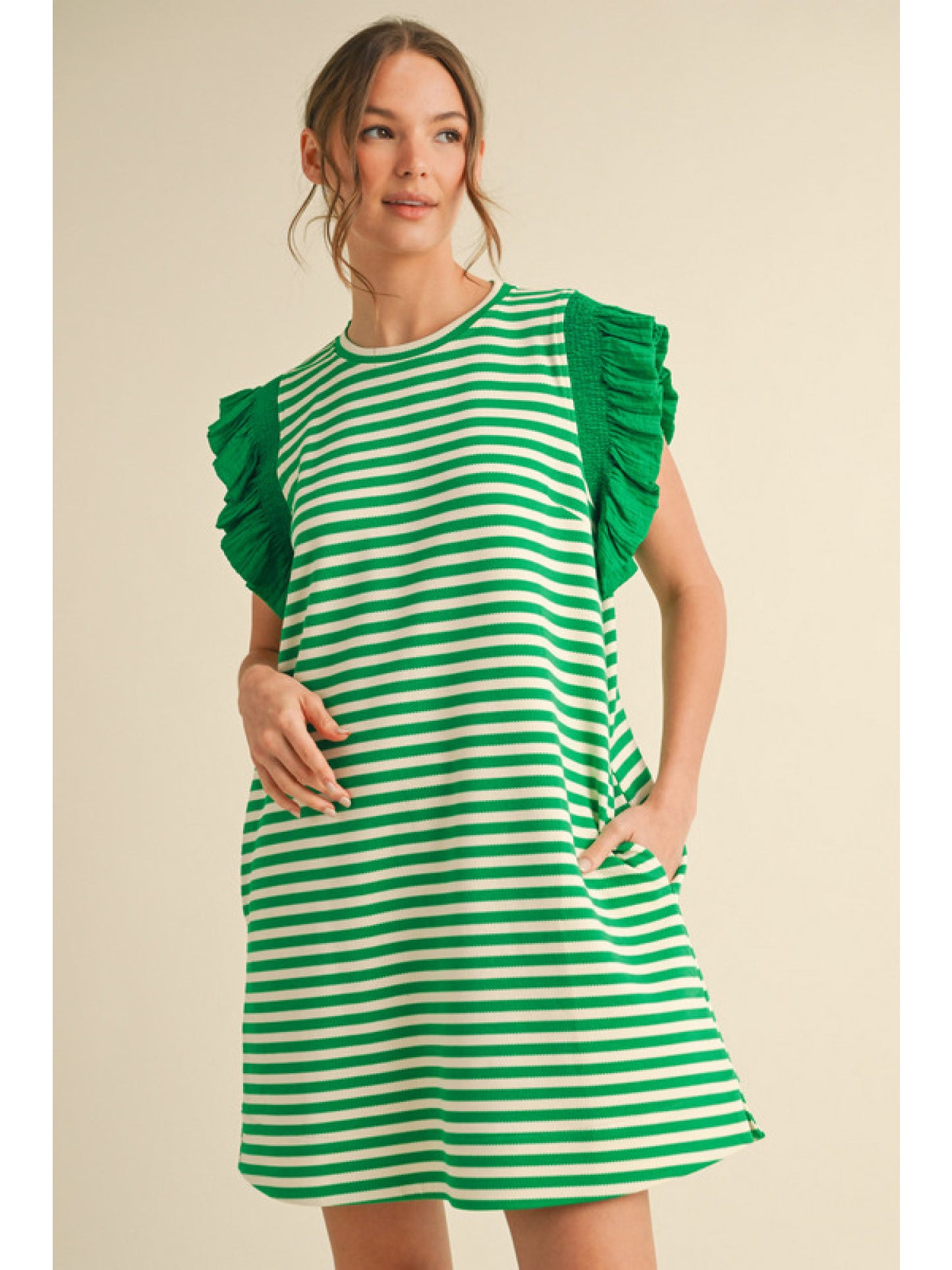 Green Stripe Flutter Dress