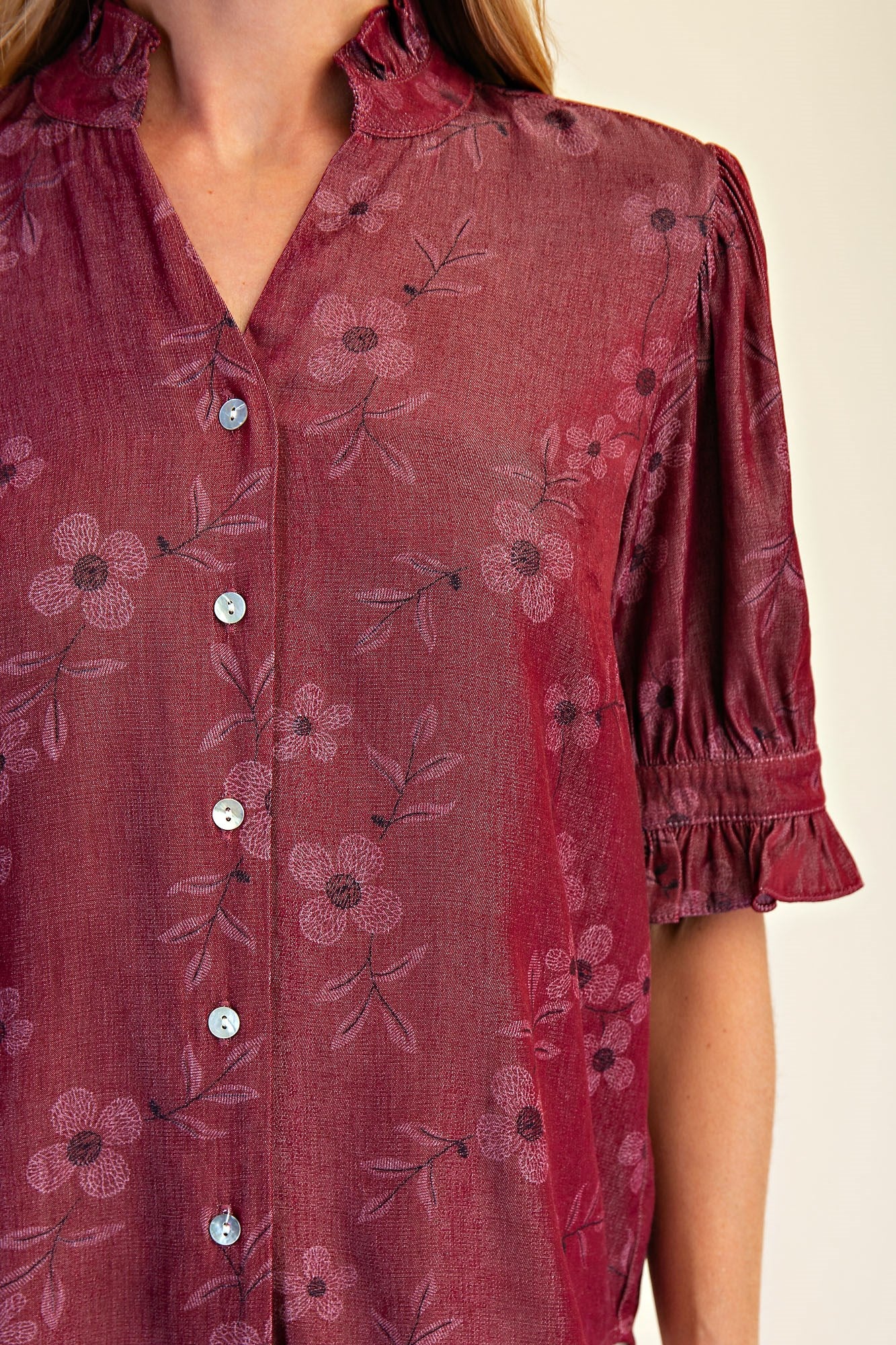 Burgundy Bloom Ruffle Neck Blouse
