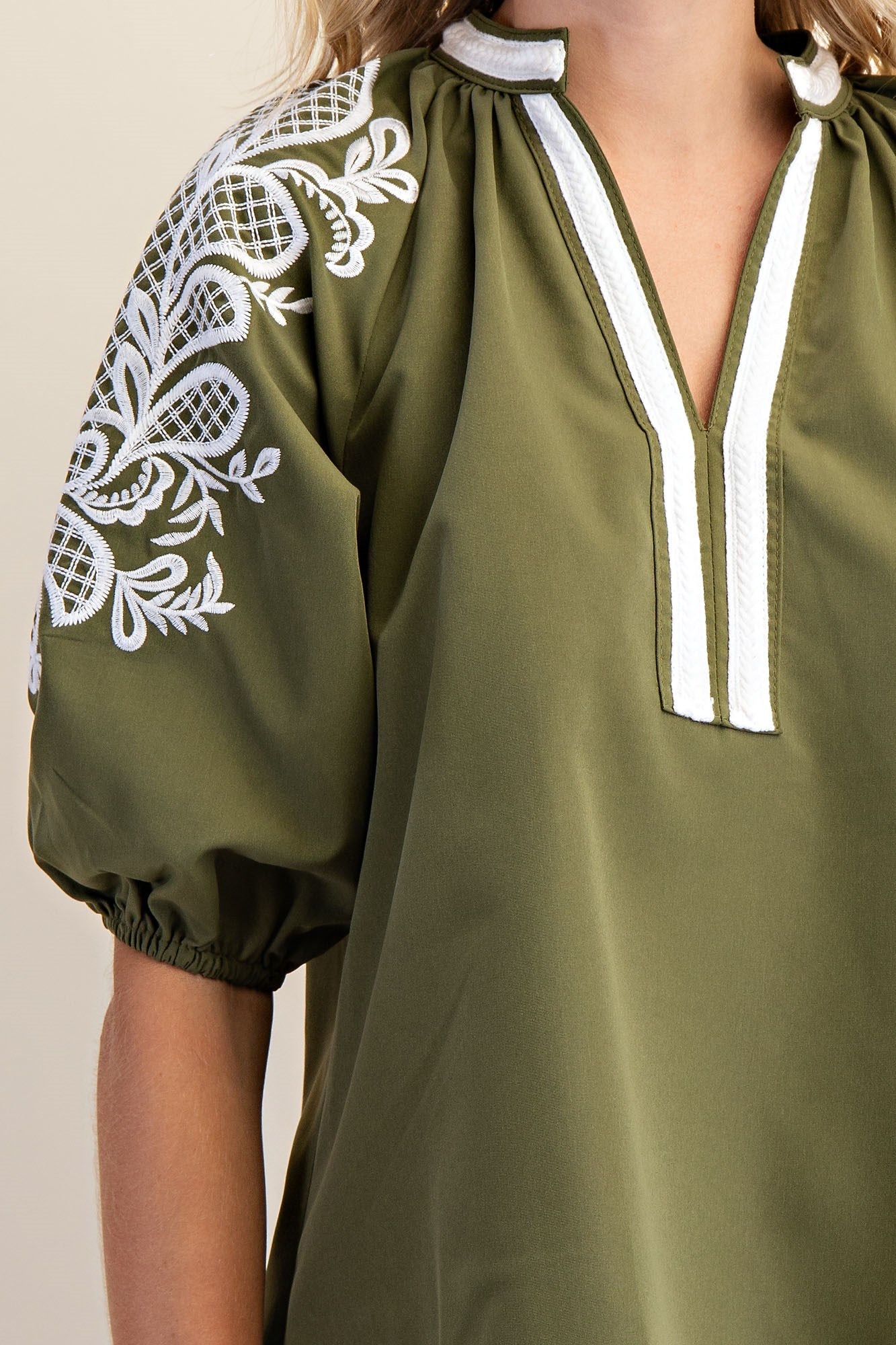 Olive Essence Embroidered Sleeve Top