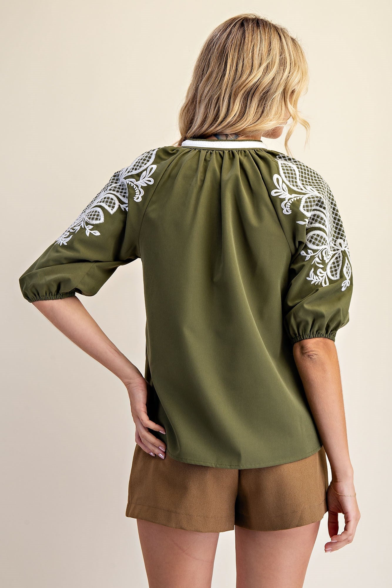 Olive Essence Embroidered Sleeve Top