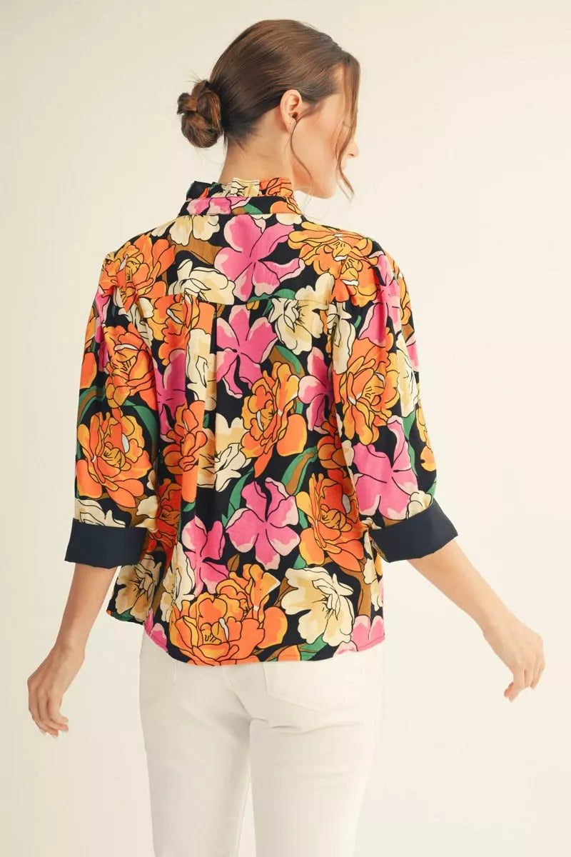 Floral Top with Ruffled Neckline
