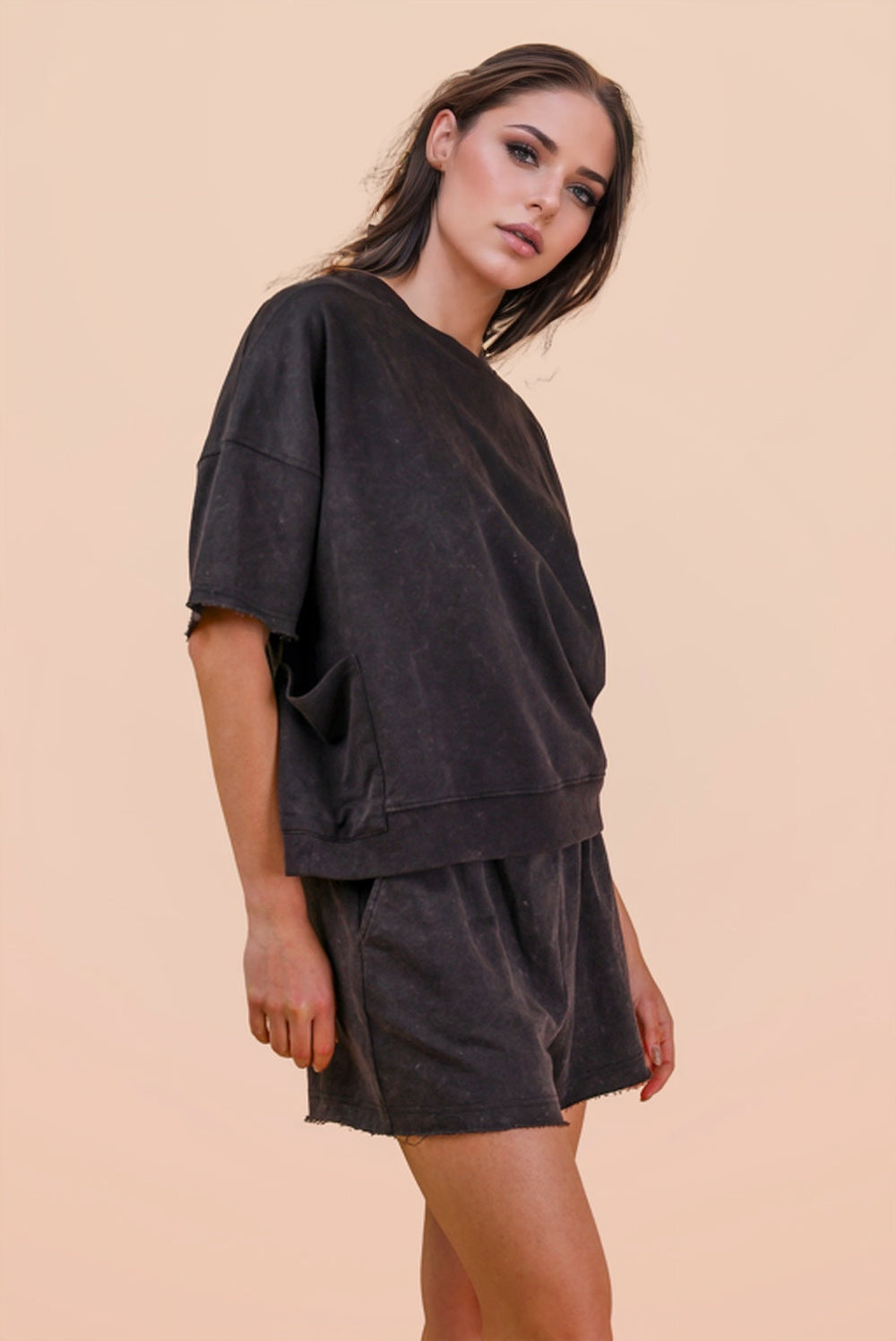 Black Mineral Washed Knit Casual Top & Shorts Set