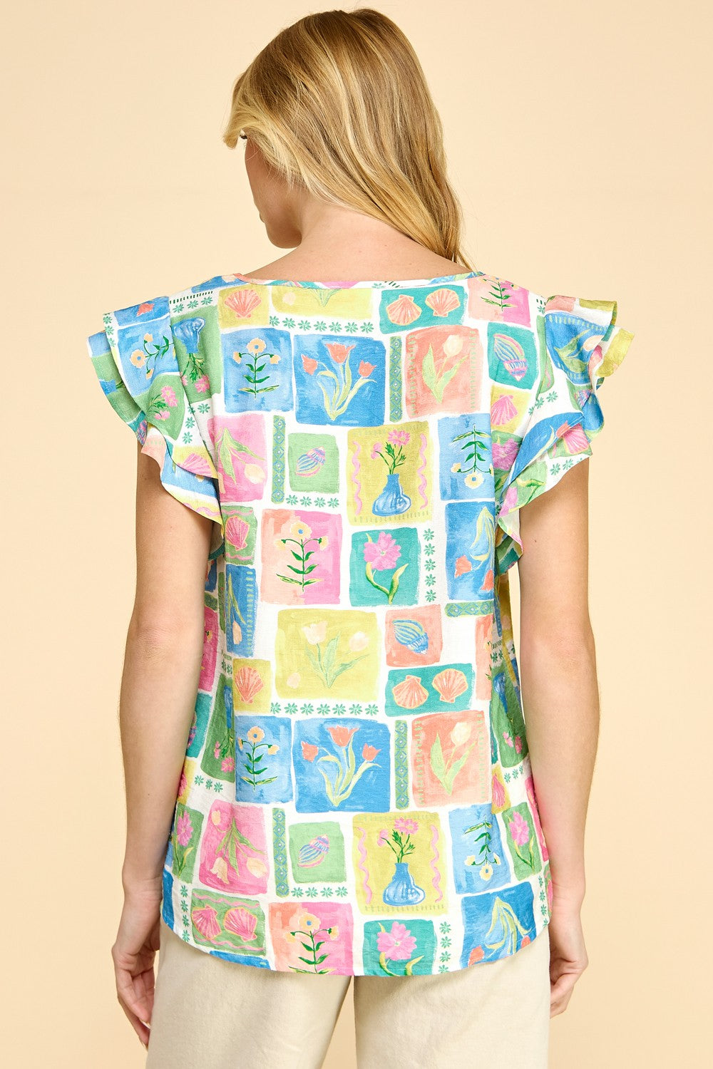 Pastel Floral & Shell Print Top – Lightweight Summer Blouse