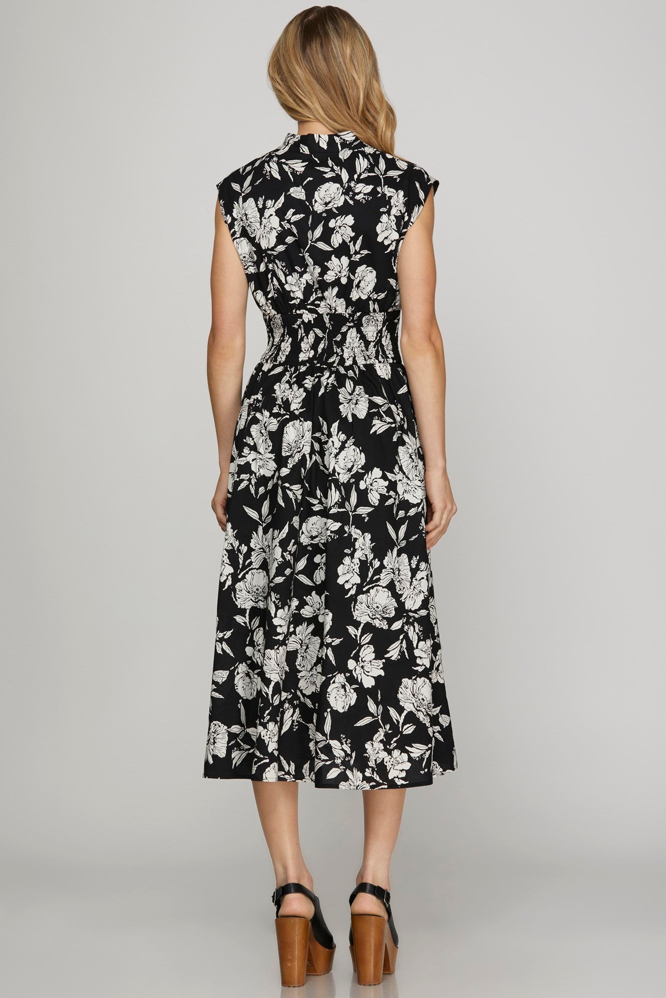 Floral Black Zipper Midi Dress
