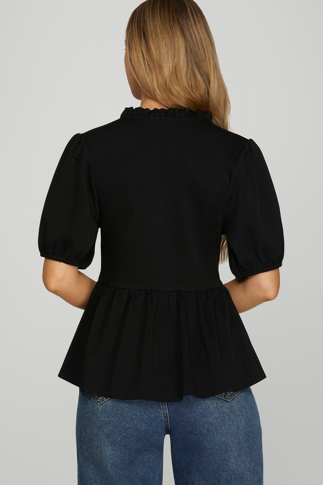 Black Ruffle Detail Peplum Scuba Top