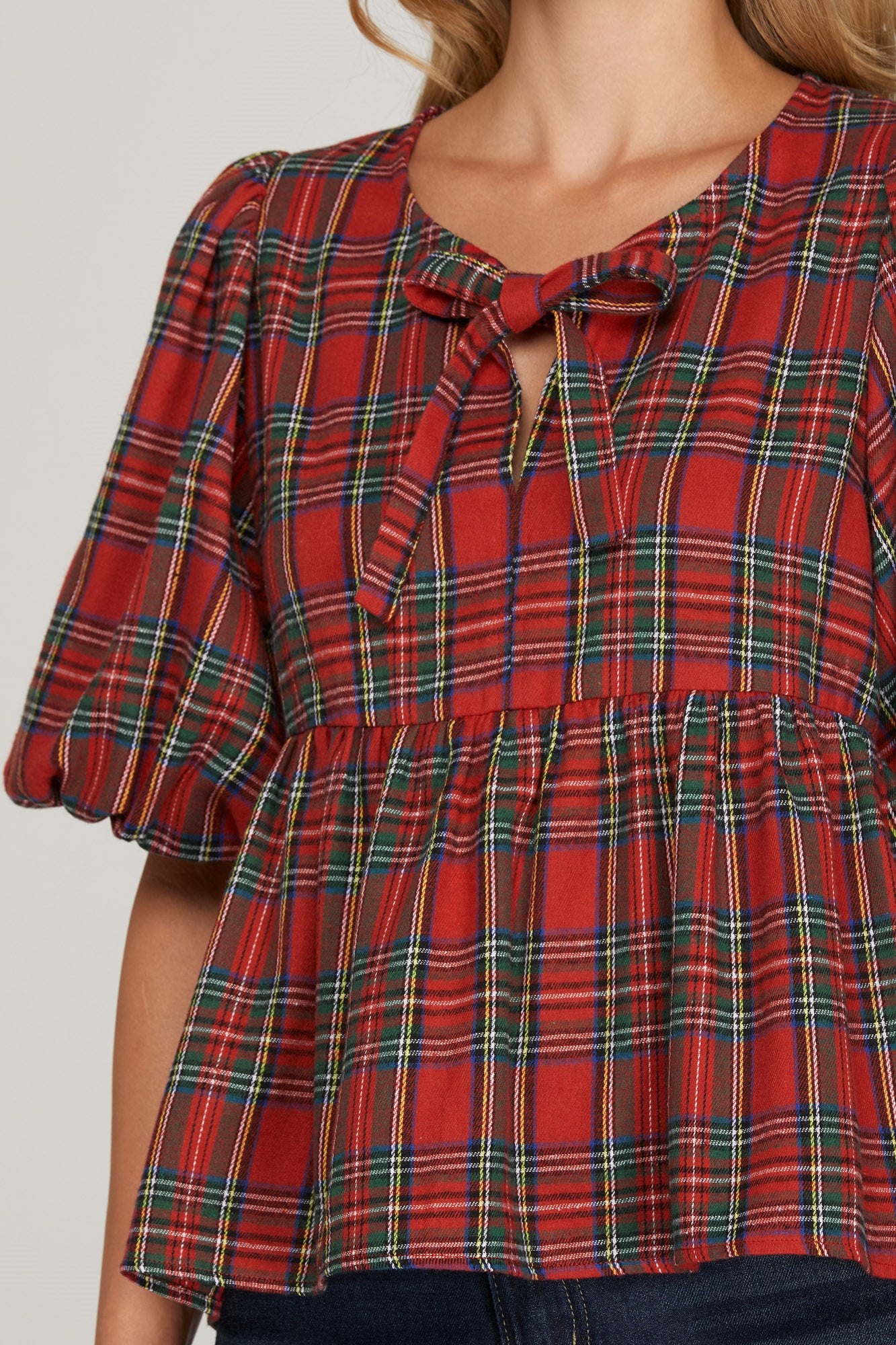 Puff Sleeve Front Tie Bow Woven Plaid Baby Doll Top