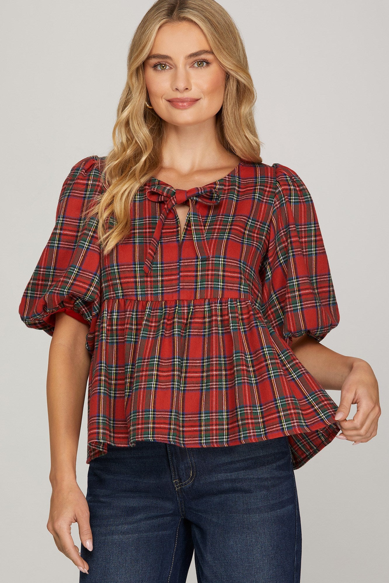 Puff Sleeve Front Tie Bow Woven Plaid Baby Doll Top