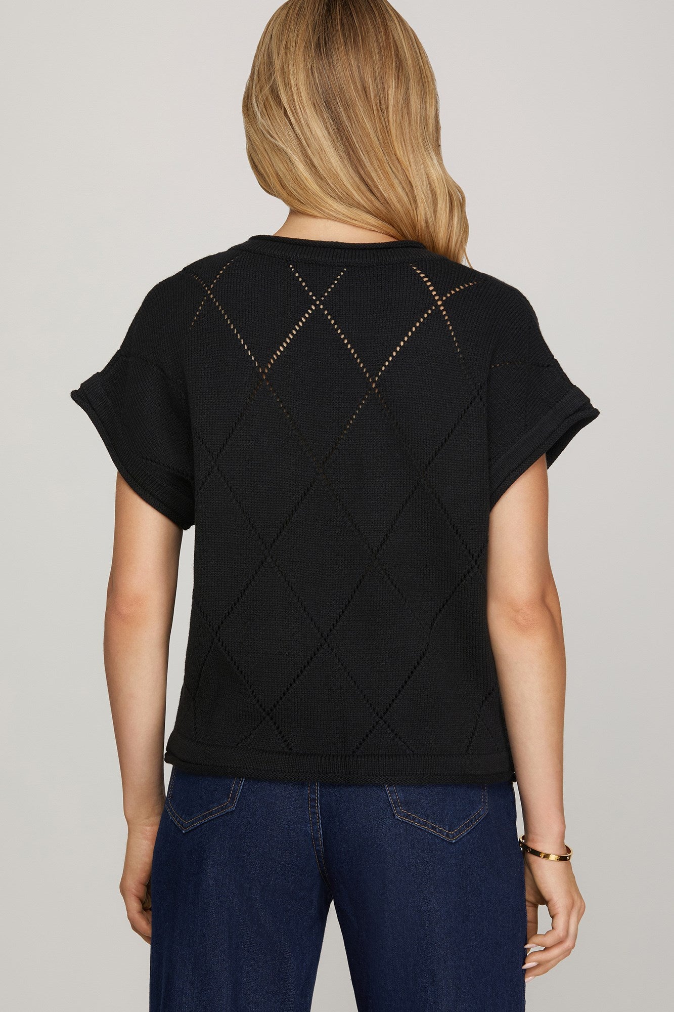 Black Drop Short Sleeve Checked Bow Sweater Top