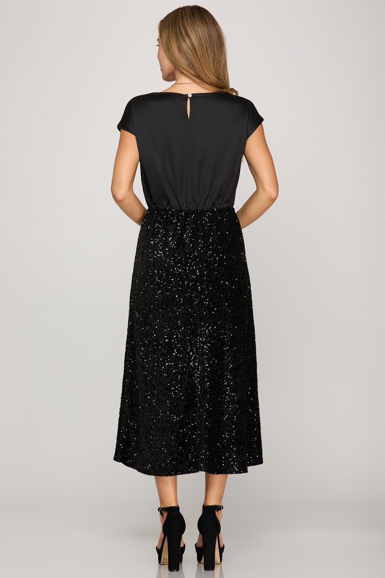 Black Sequin Elegance Midi Dress