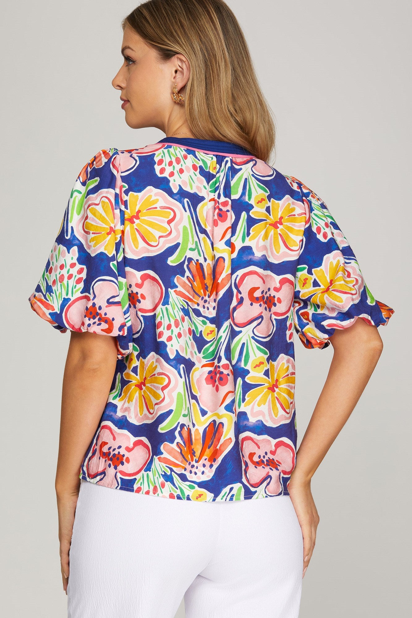 Blue Bloom Contrast Bubble Sleeve Top