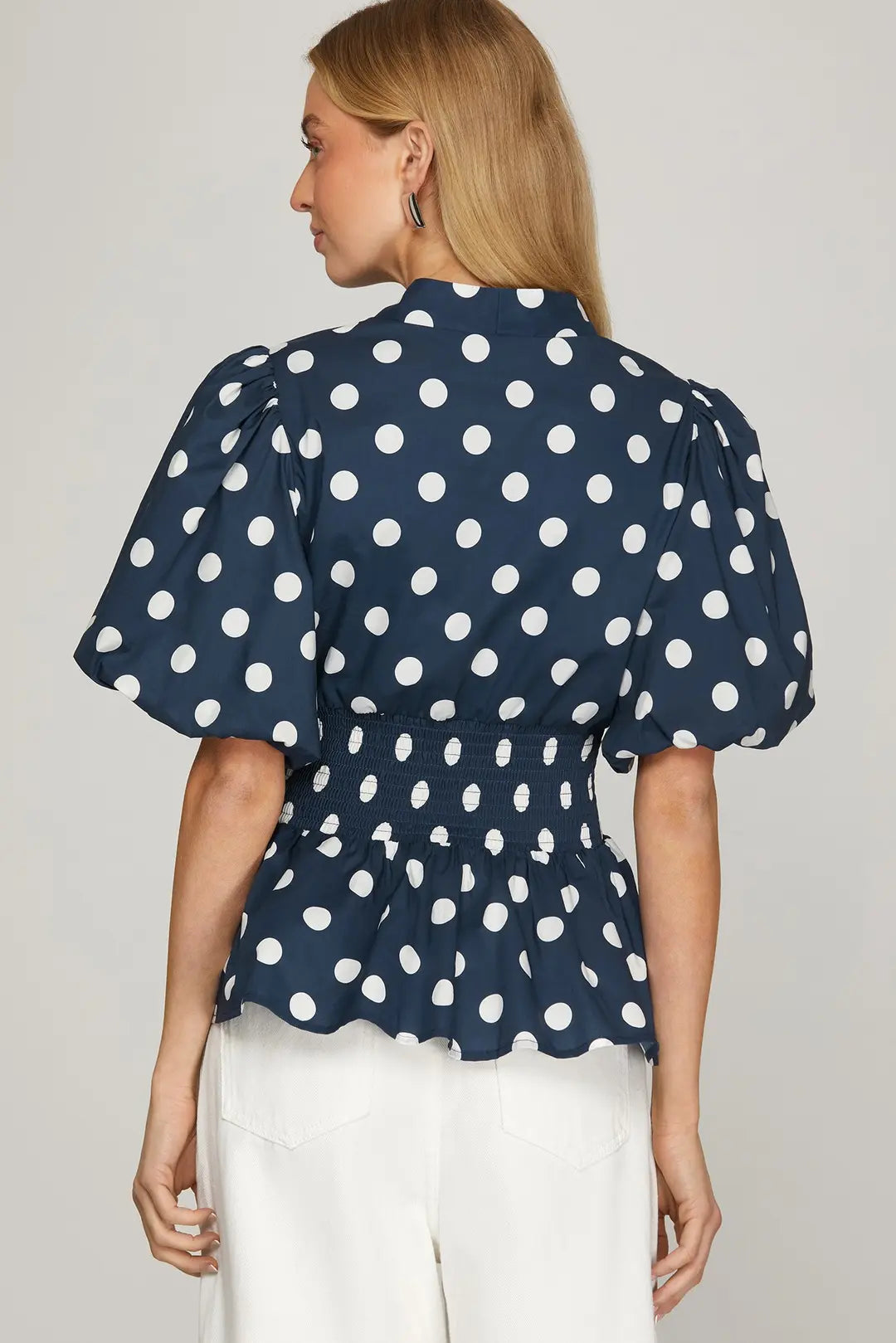 Navy Charm Polka Dot Smocked Top
