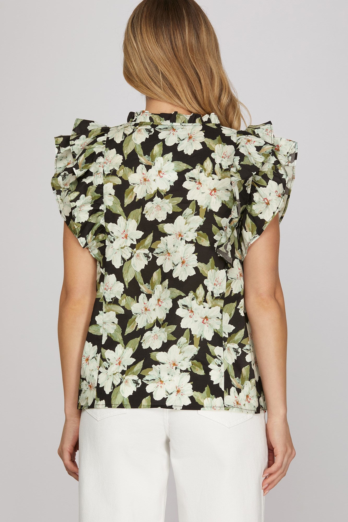 Midnight Bloom Ruffle Sleeve Top
