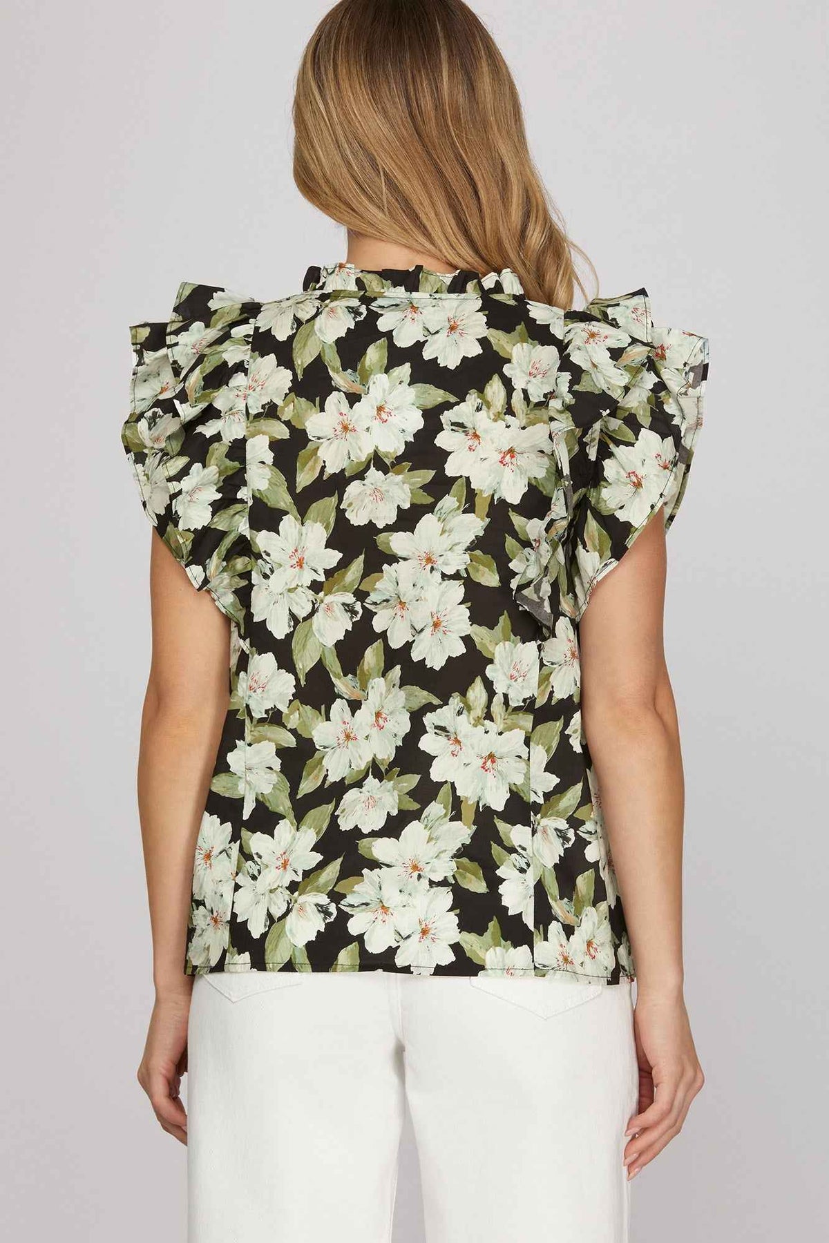 Midnight Bloom Ruffle Sleeve Top