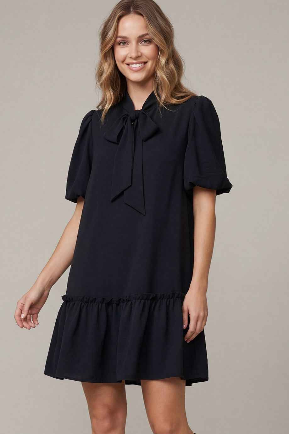Black Bow Neck Puff Sleeve Mini Dress with Pockets
