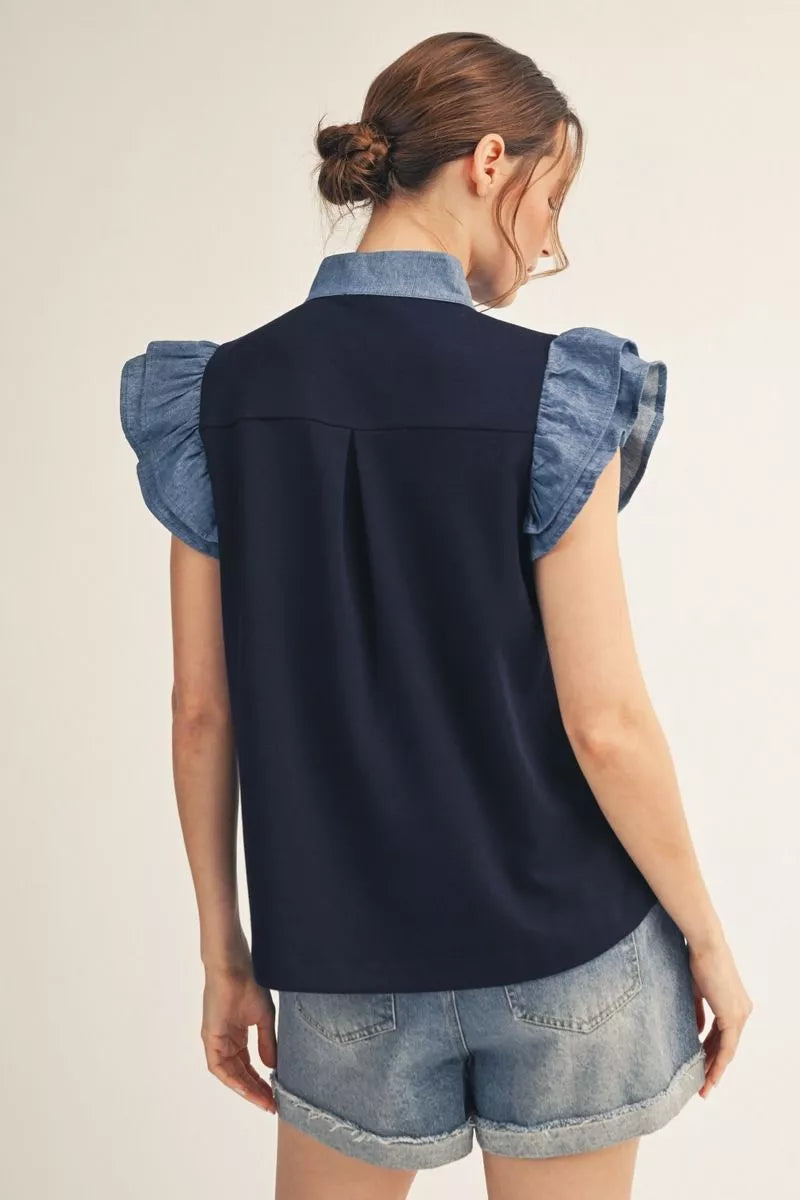 Navy Harbor Ruffle Sleeve Contrast Top