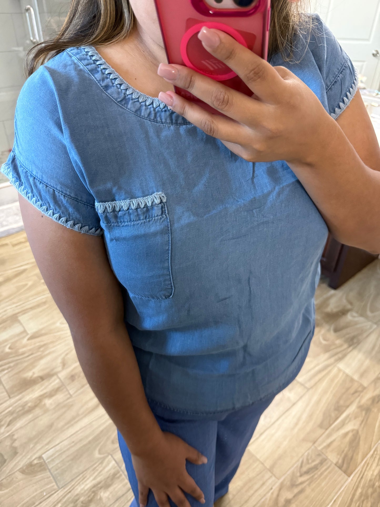 Embroidery Trim Chambray Top
