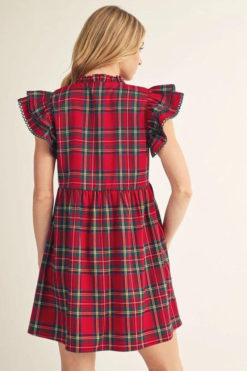 Holiday Plaid Layered Ruffle Sleeve Dress