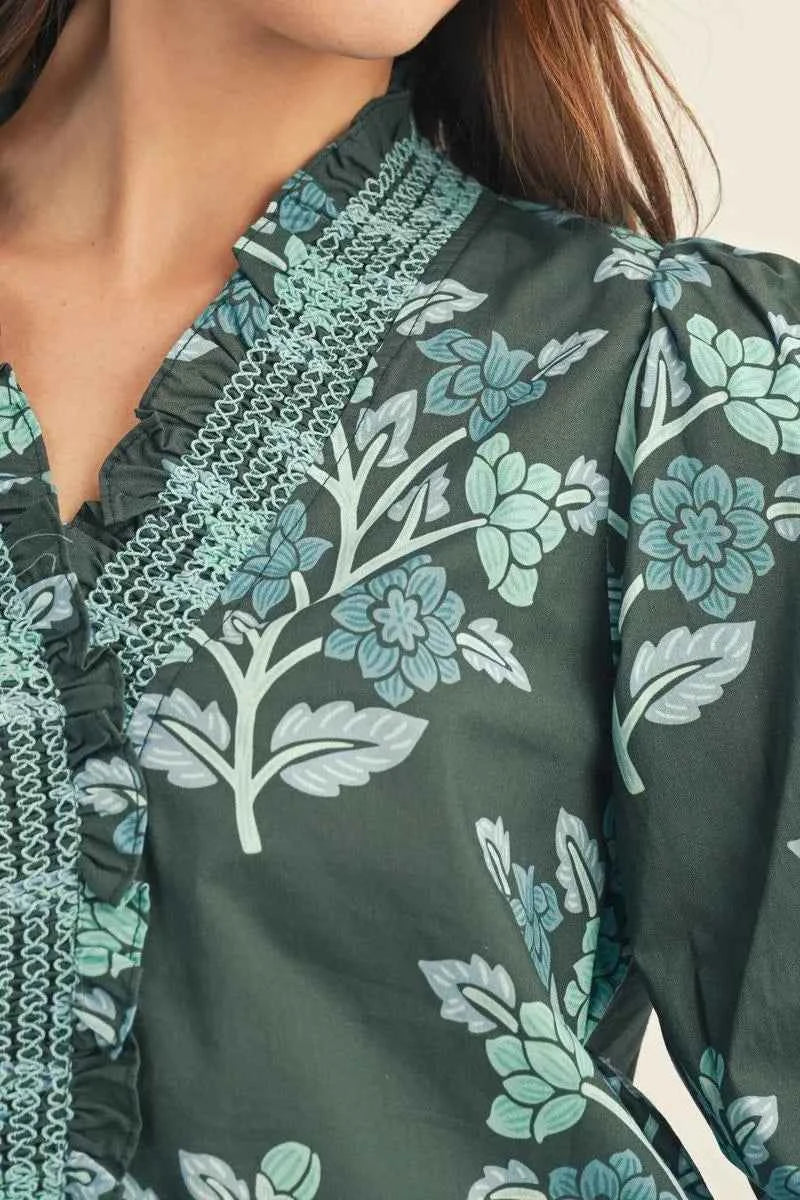 Hunter Green Floral Print Smocked Puff Sleeve Top