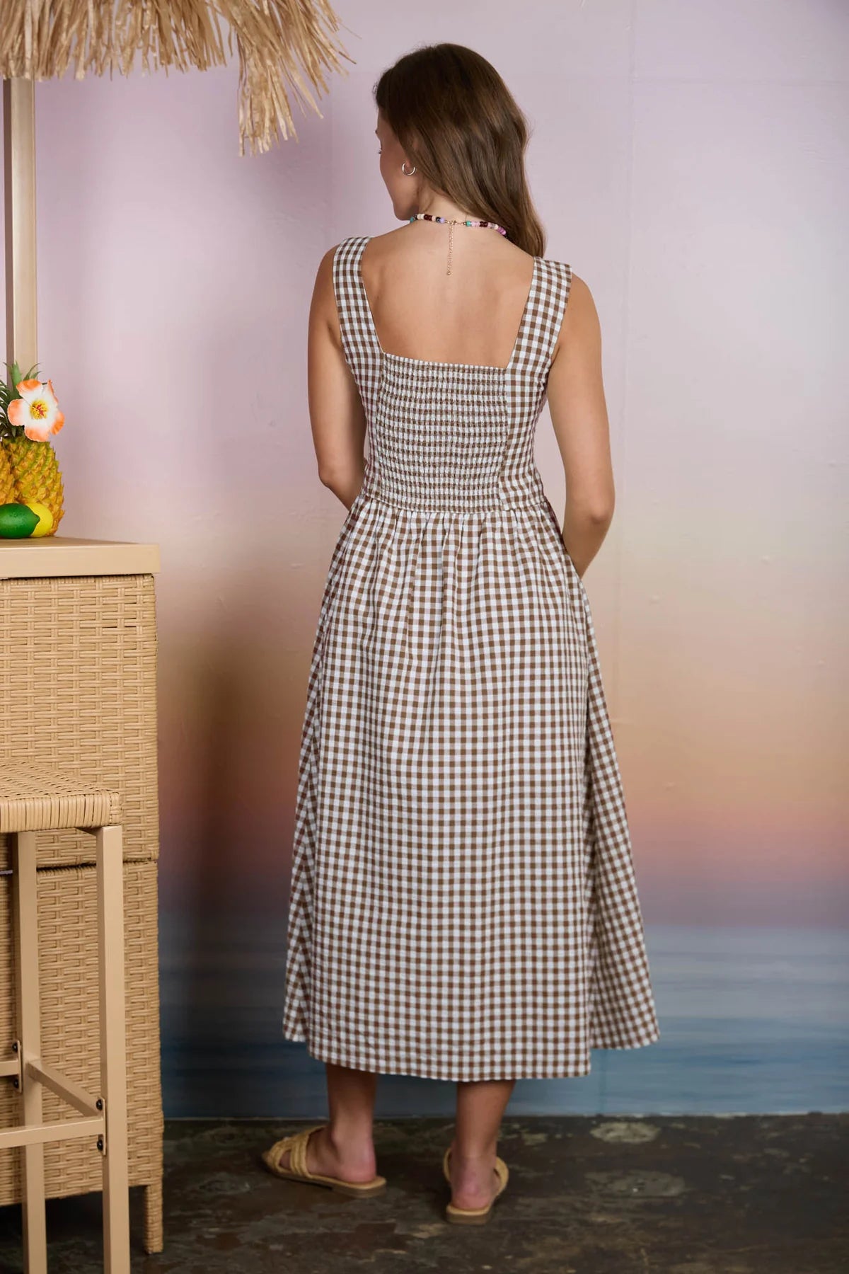 Brown Plaid Basque Midi Dress