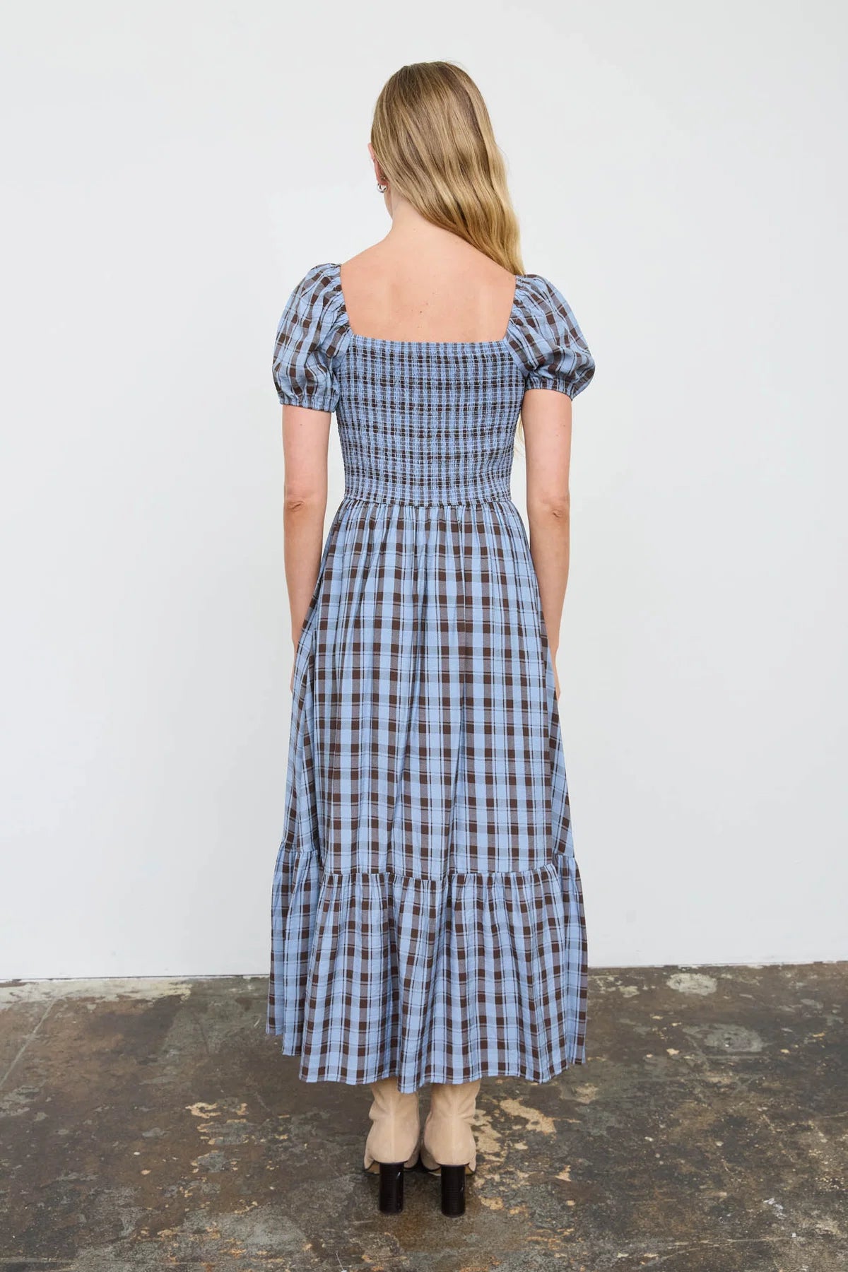 Dusty Blue & Brown Plaid Charm Midi Dress