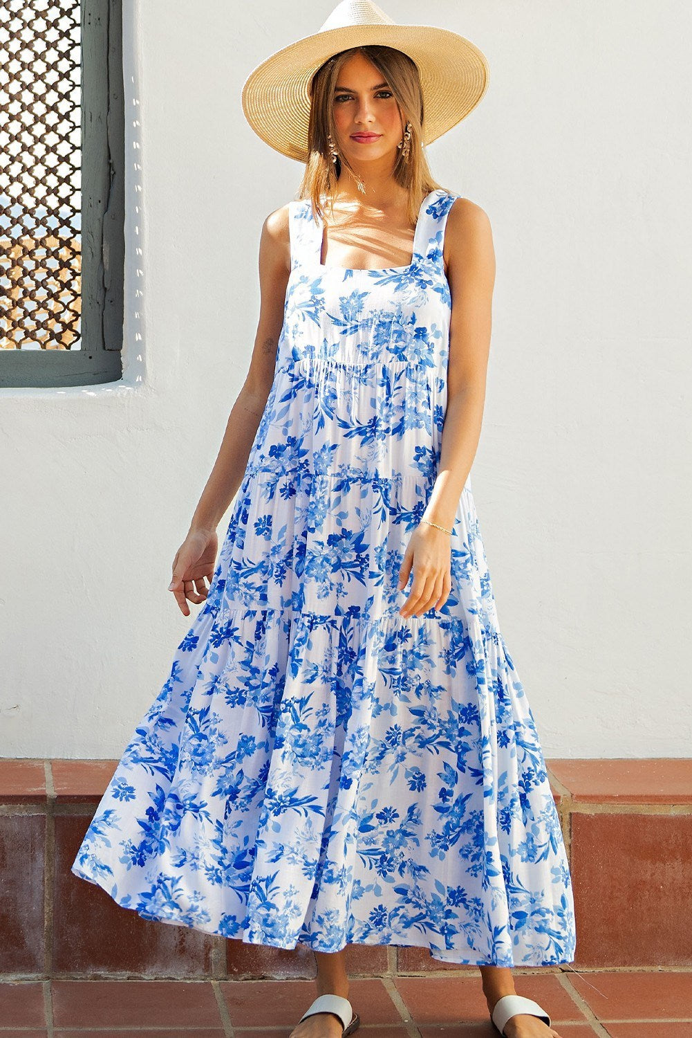 Blue Floral Print Tiered Midi Dress