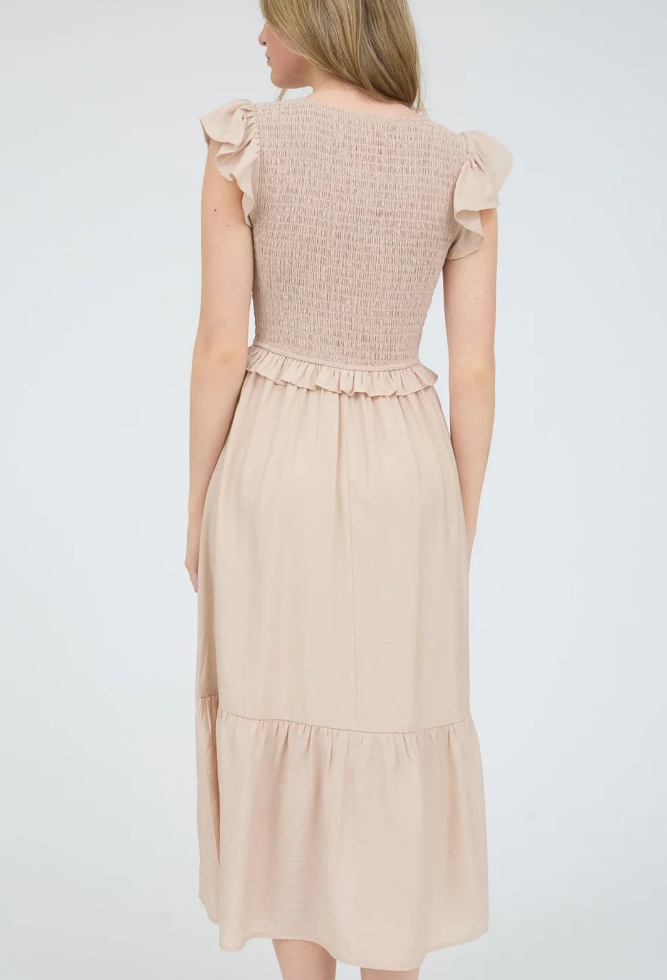 Neutral Smocked Midi Dress