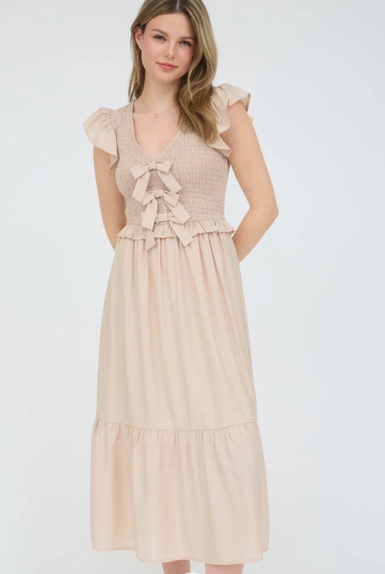 Neutral Smocked Midi Dress