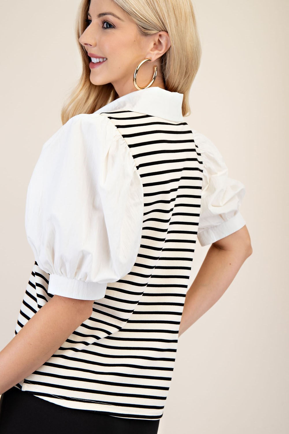 V Neck Stripe Puff Sleeve Blouse