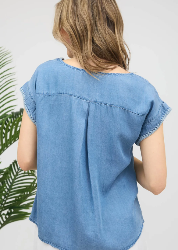 Embroidery Trim Chambray Top