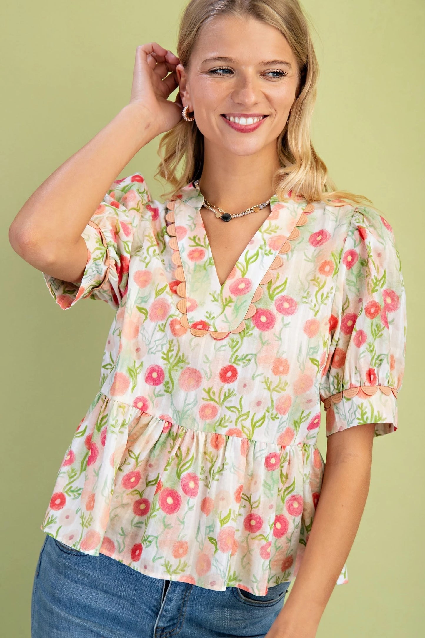 Floral Short Sleeve Blouse with Trim Details