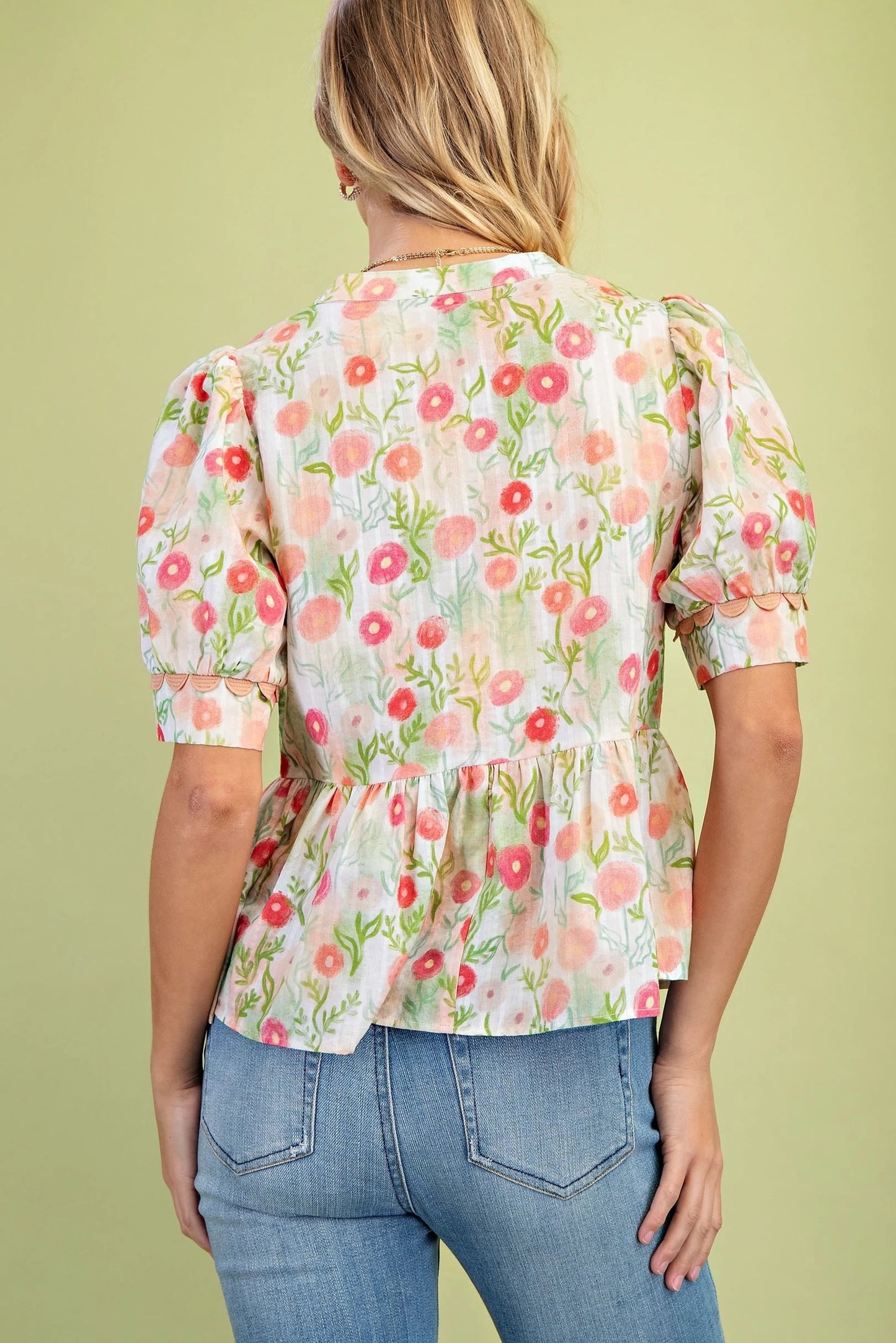 Floral Short Sleeve Blouse with Trim Details