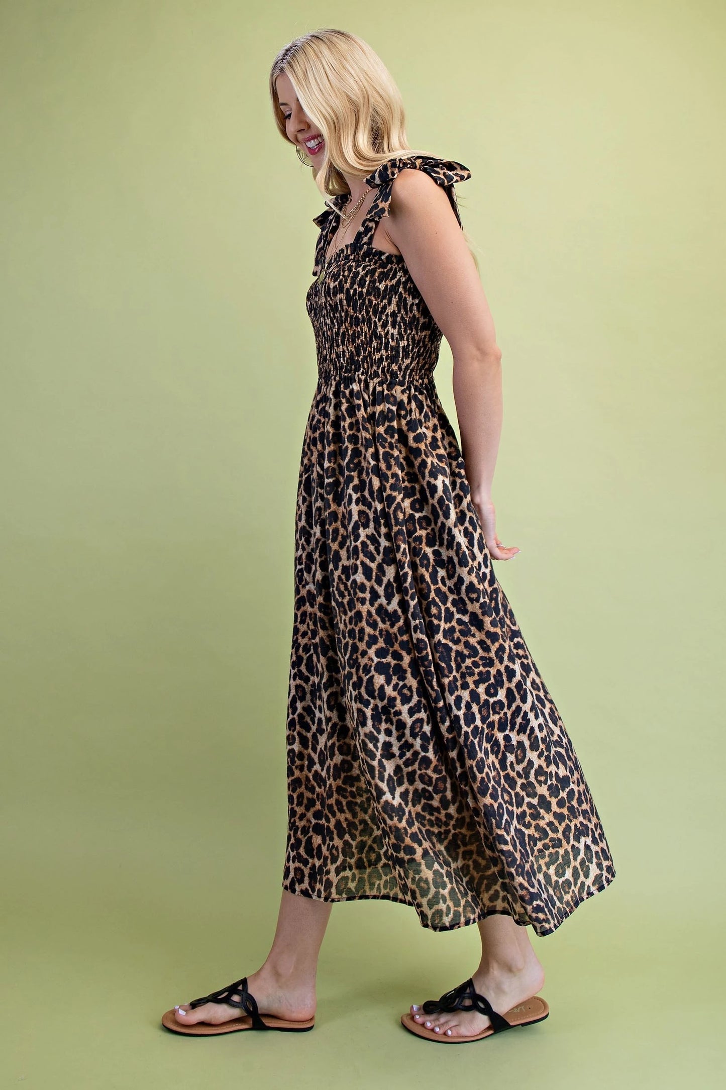 Leopard Midi Dress with Smocked Top and Ribbon Shoulder Ties