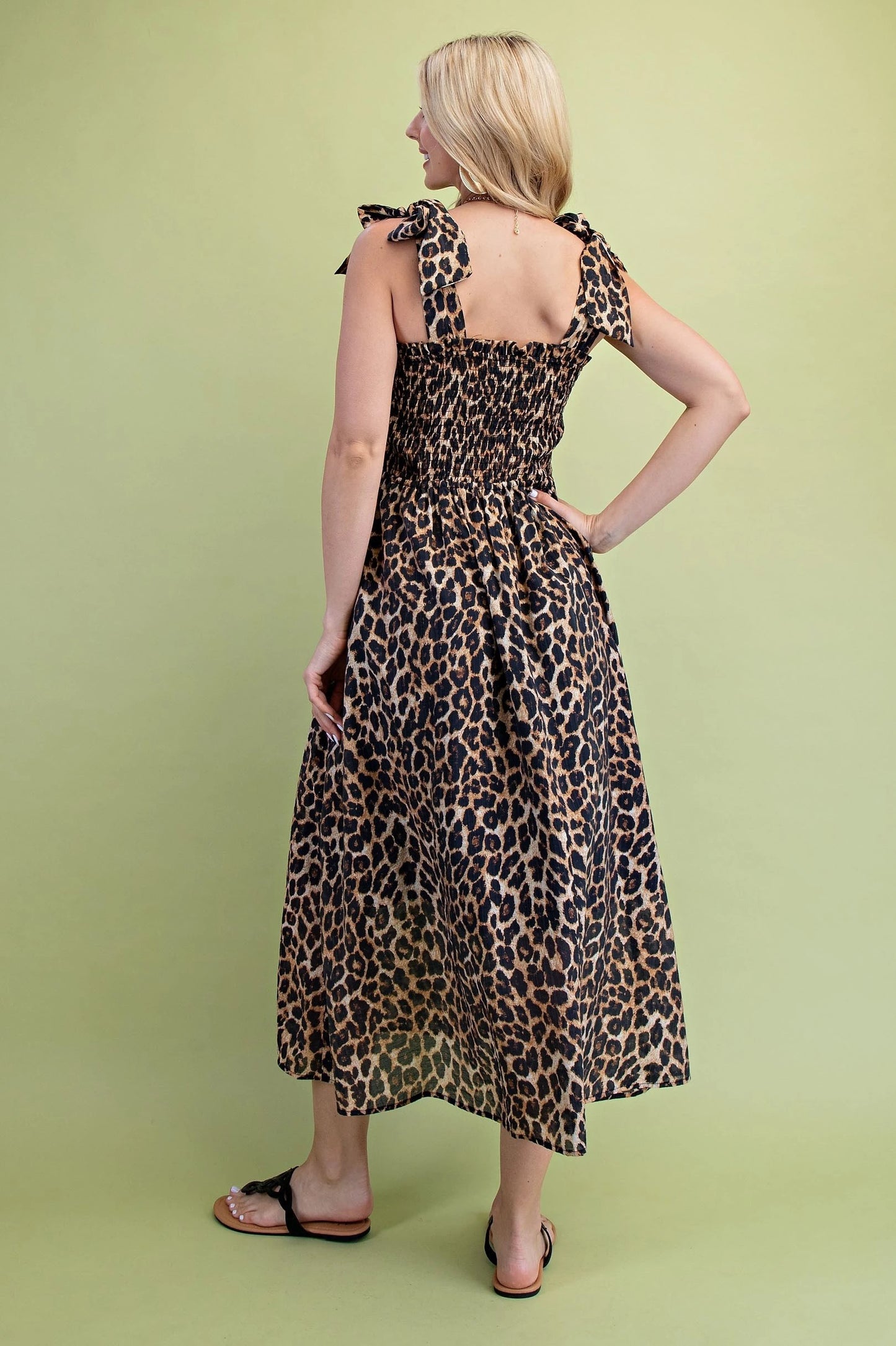 Leopard Midi Dress with Smocked Top and Ribbon Shoulder Ties