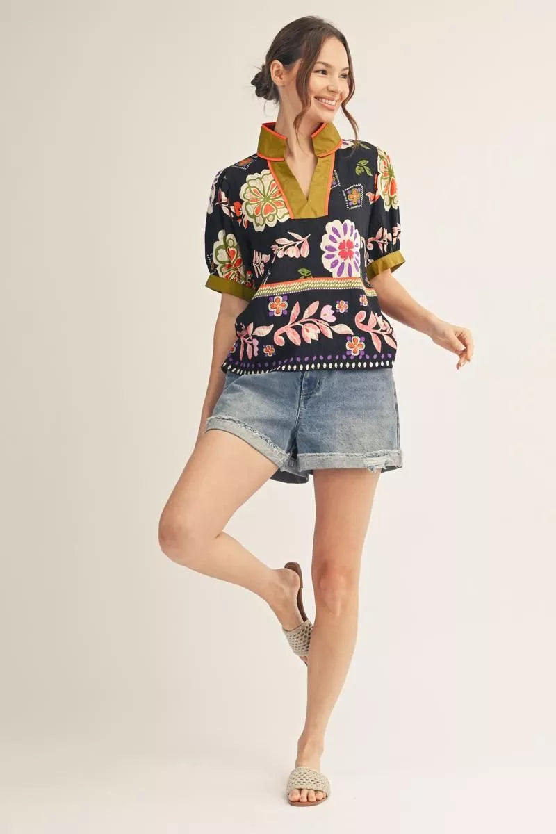 Boho Floral Puff Sleeve Top