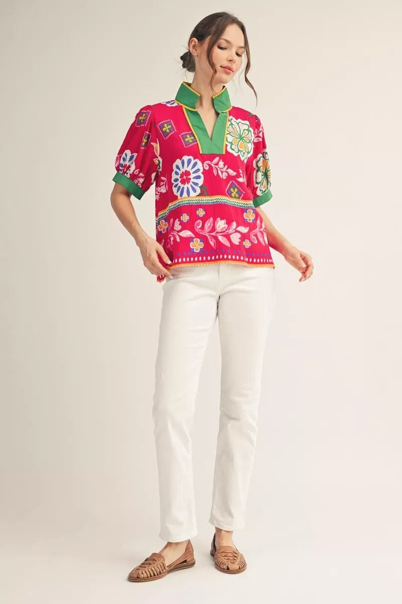 Fuchsia Bloom Boho Puff Sleeve Top
