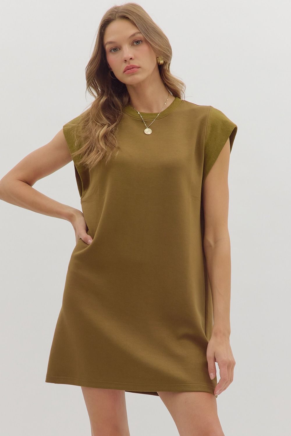 Olive Cap Sleeve Mini Dress