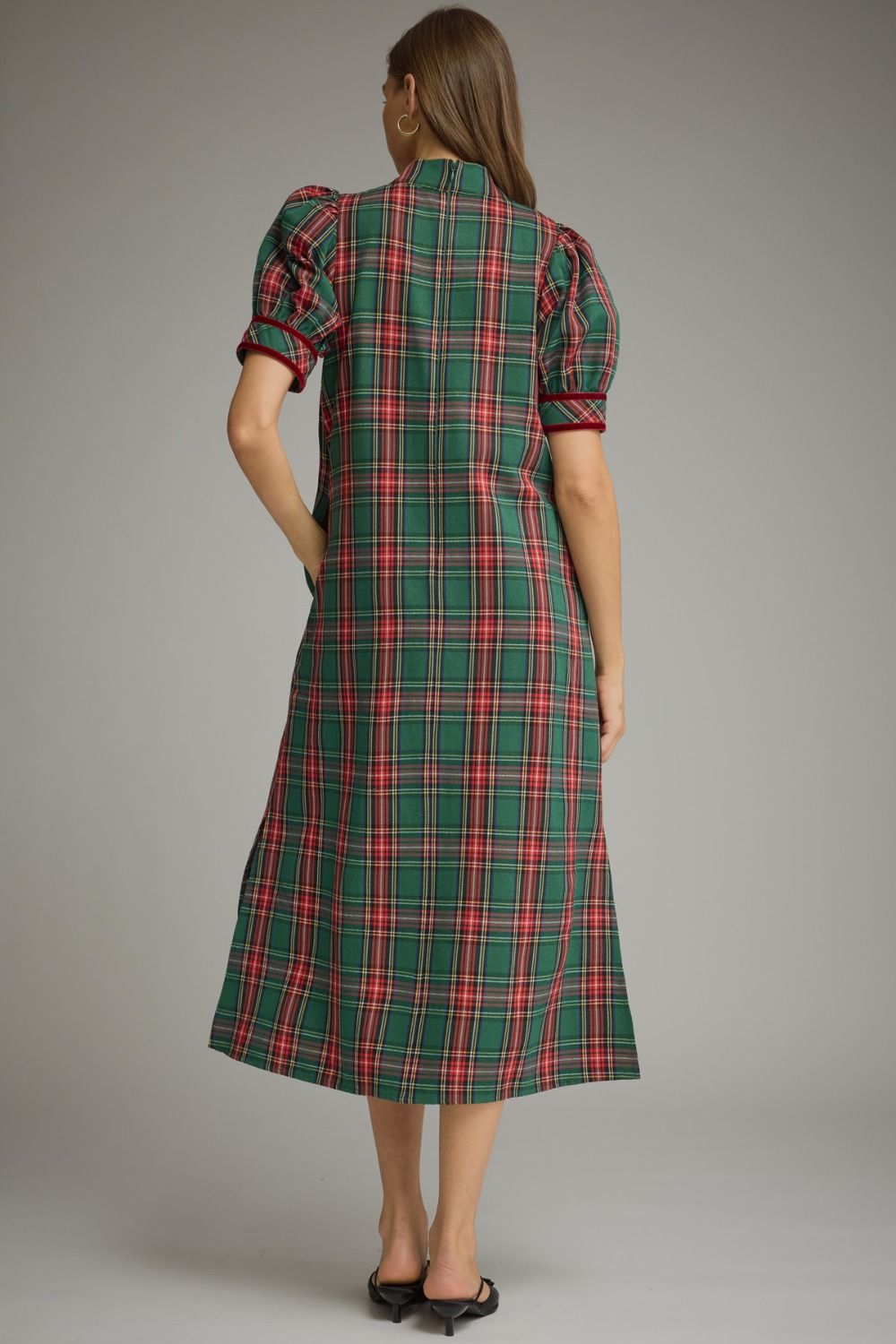 Green Tartan Plaid Puff Sleeve Midi Dress
