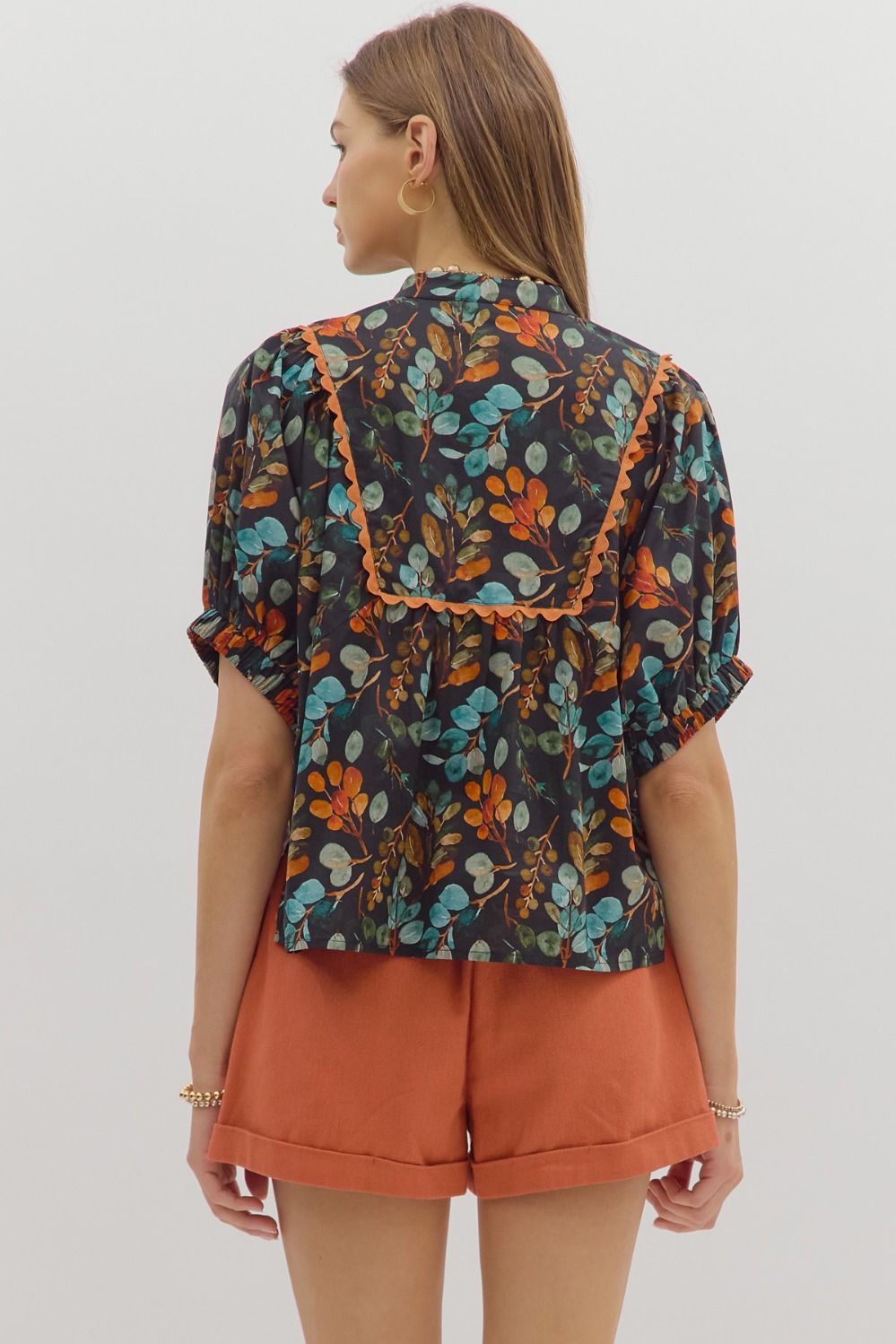 Autumn Leaf Print Puff Sleeve Top