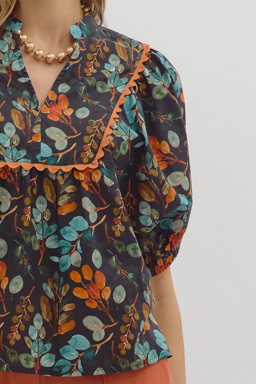 Autumn Leaf Print Puff Sleeve Top