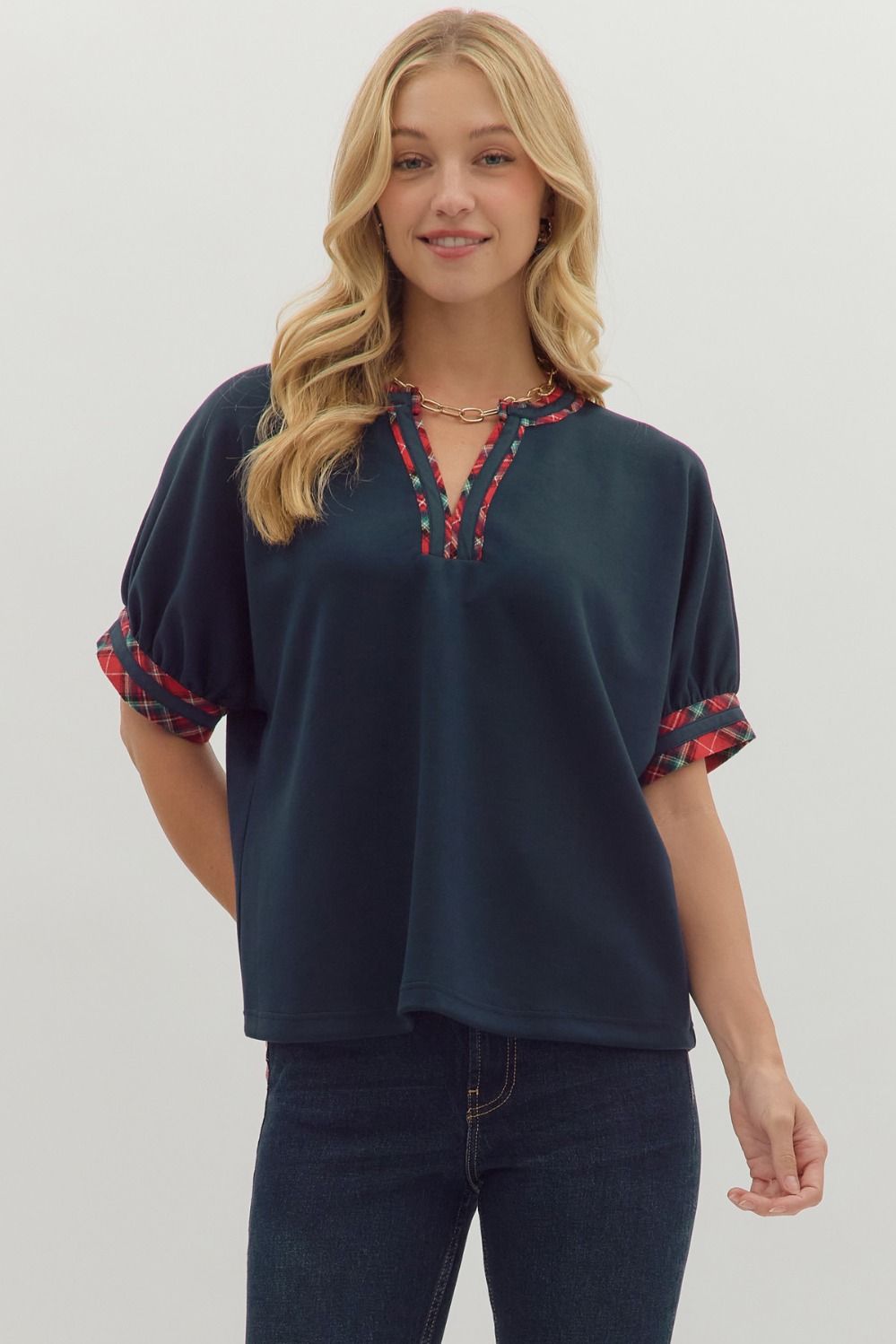 Navy Holiday Plaid Trim Top