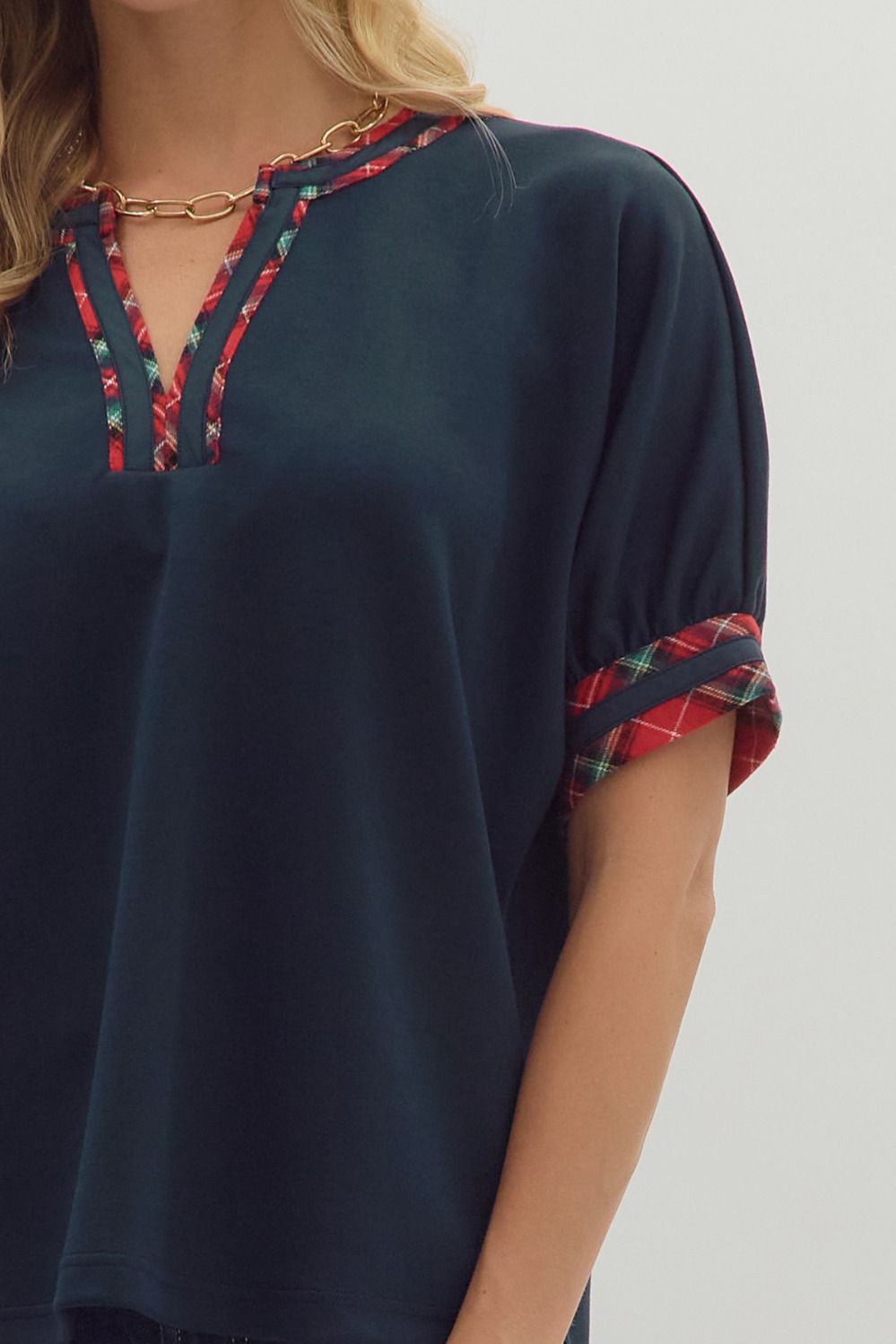 Navy Holiday Plaid Trim Top