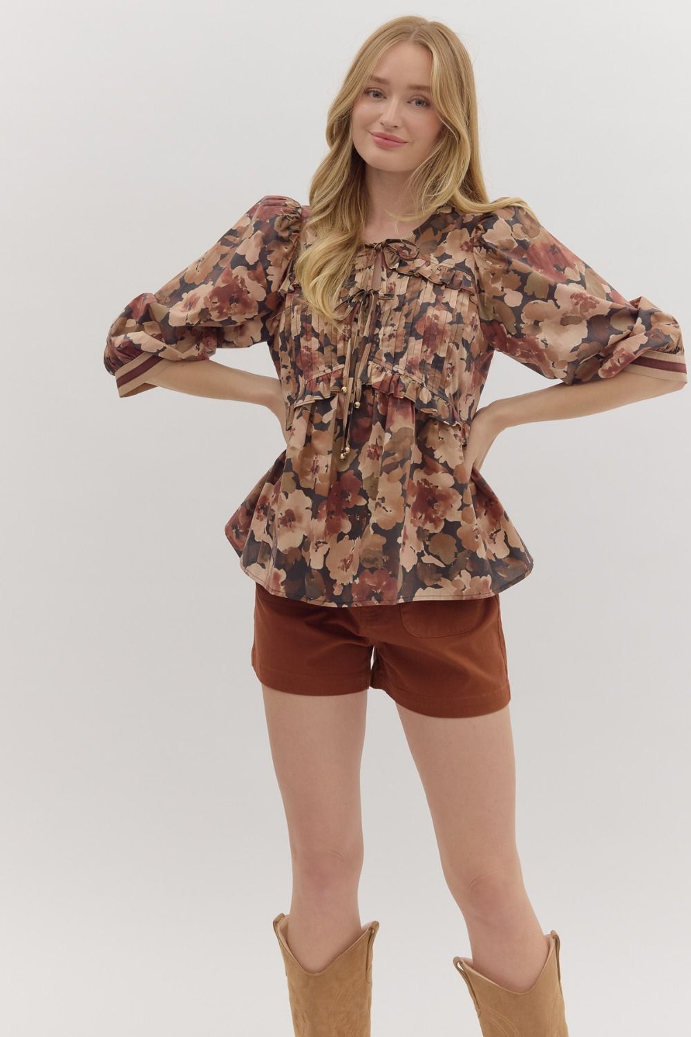 Floral Pintuck Peplum Tie Top