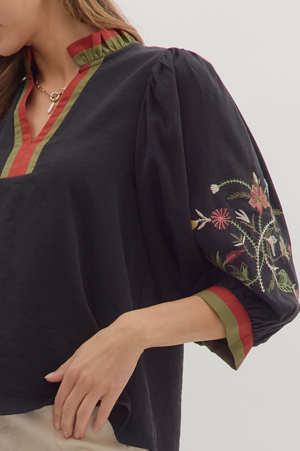 Striped Ruffle V-Neck Embroidered Top