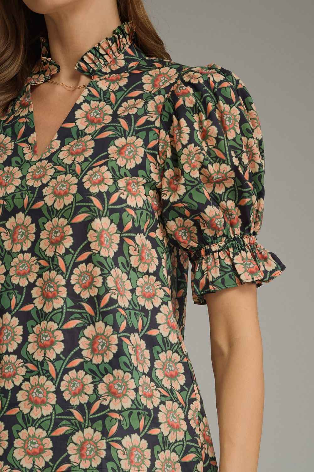 Fall Floral Puff Sleeve Ruffle Neck Blouse