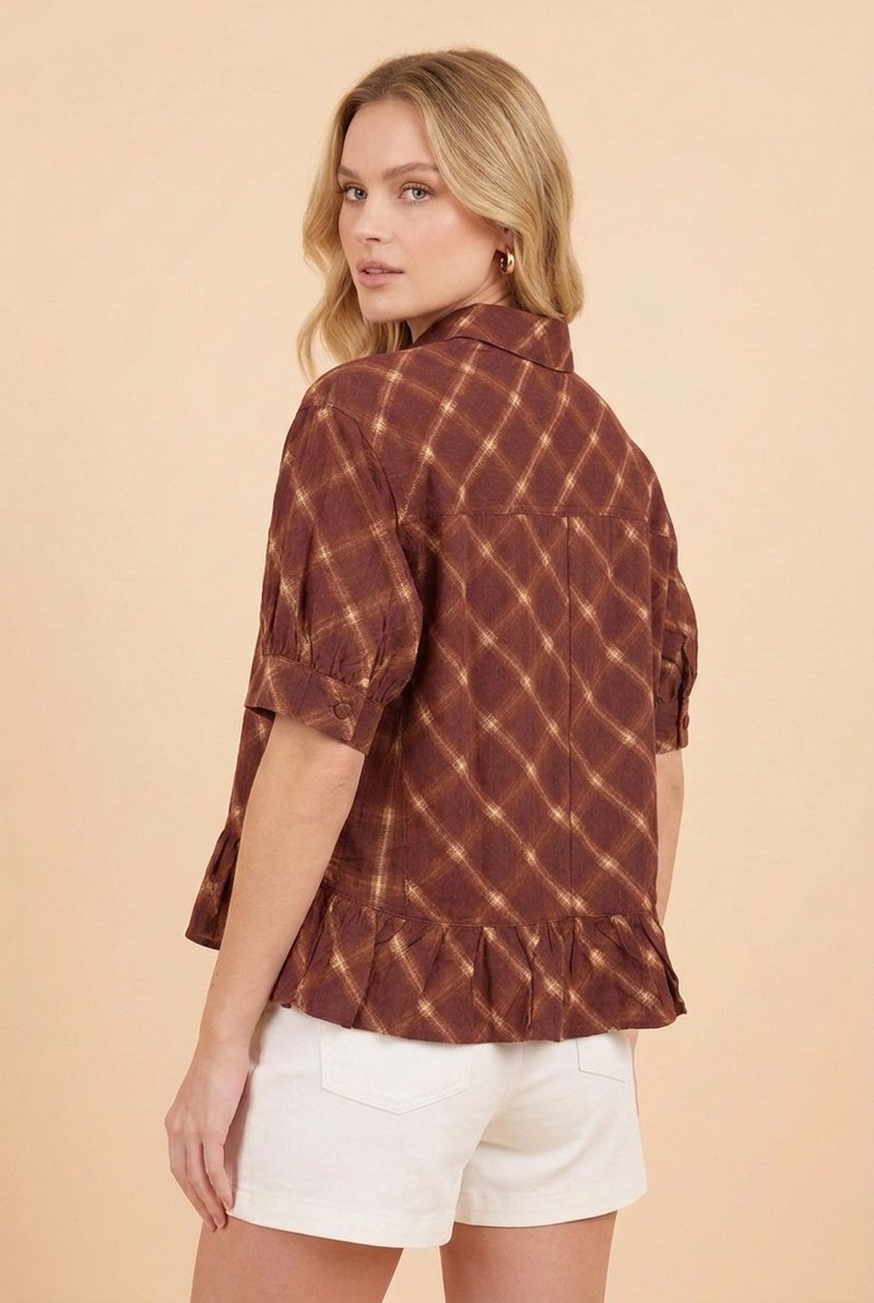 Burgundy & Brown Plaid Peplum Blouse