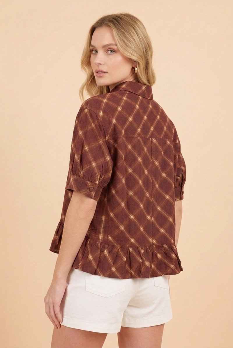 Burgundy & Brown Plaid Peplum Blouse
