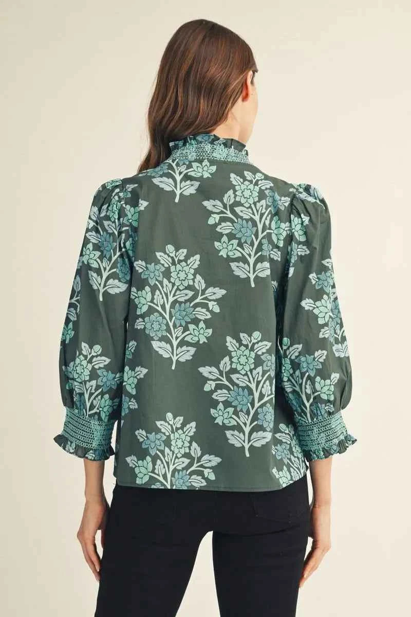 Hunter Green Floral Print Smocked Puff Sleeve Top